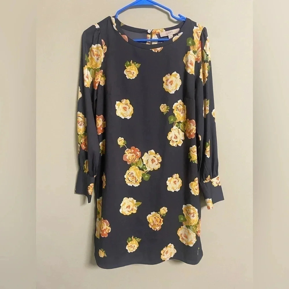 Loft Peony Fluid Shift Floral Dress Small Long Sleeve